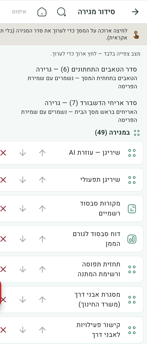 מסך סידור המגירה בקלוקיד: לכל מודול כפתור הסרה